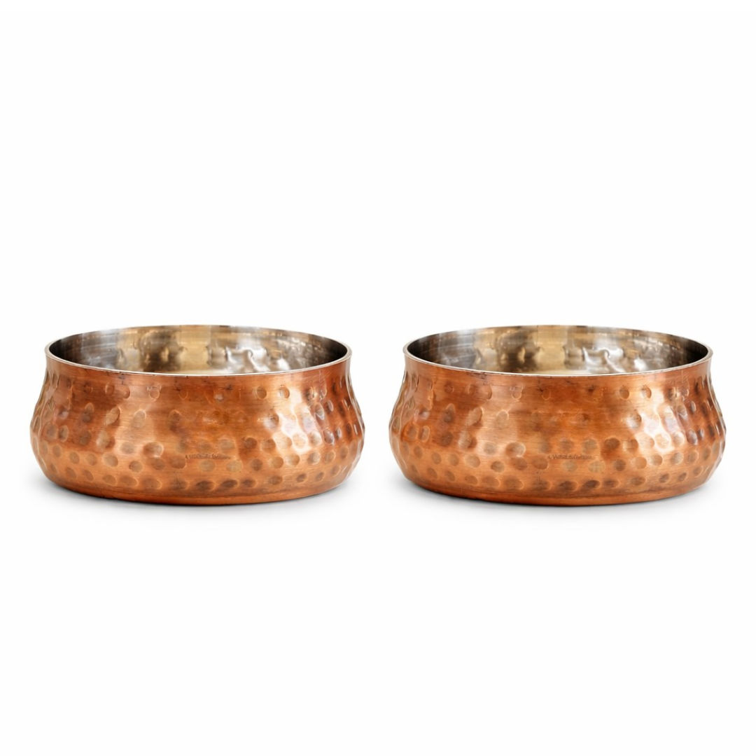 Indian art villa, steel copper antique finish hammered curved bowl (Set of 2)